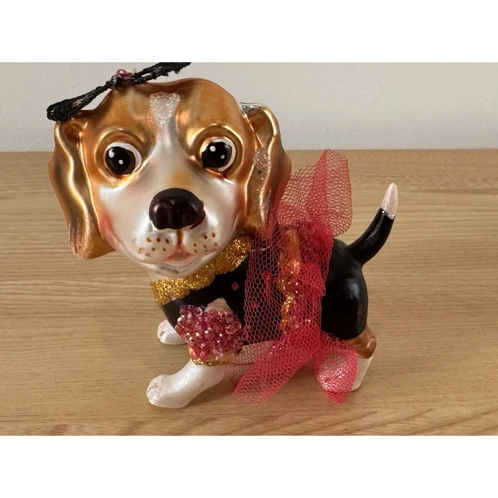 Hand Blown Glass Beagle Dog Christmas Ornament Pink Tutu Glitter Whimsical 4